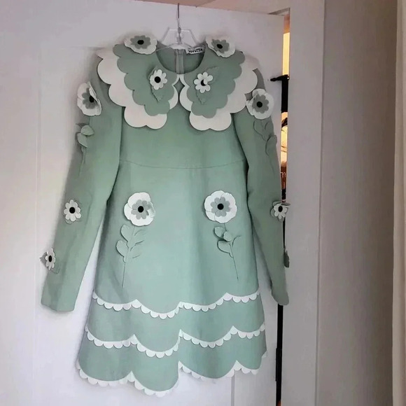 $1695 VIVETTA 3D EMBROIDERED BABY DOLL DRESS Sz 40 / S AquaMint Green - Picture 13 of 16